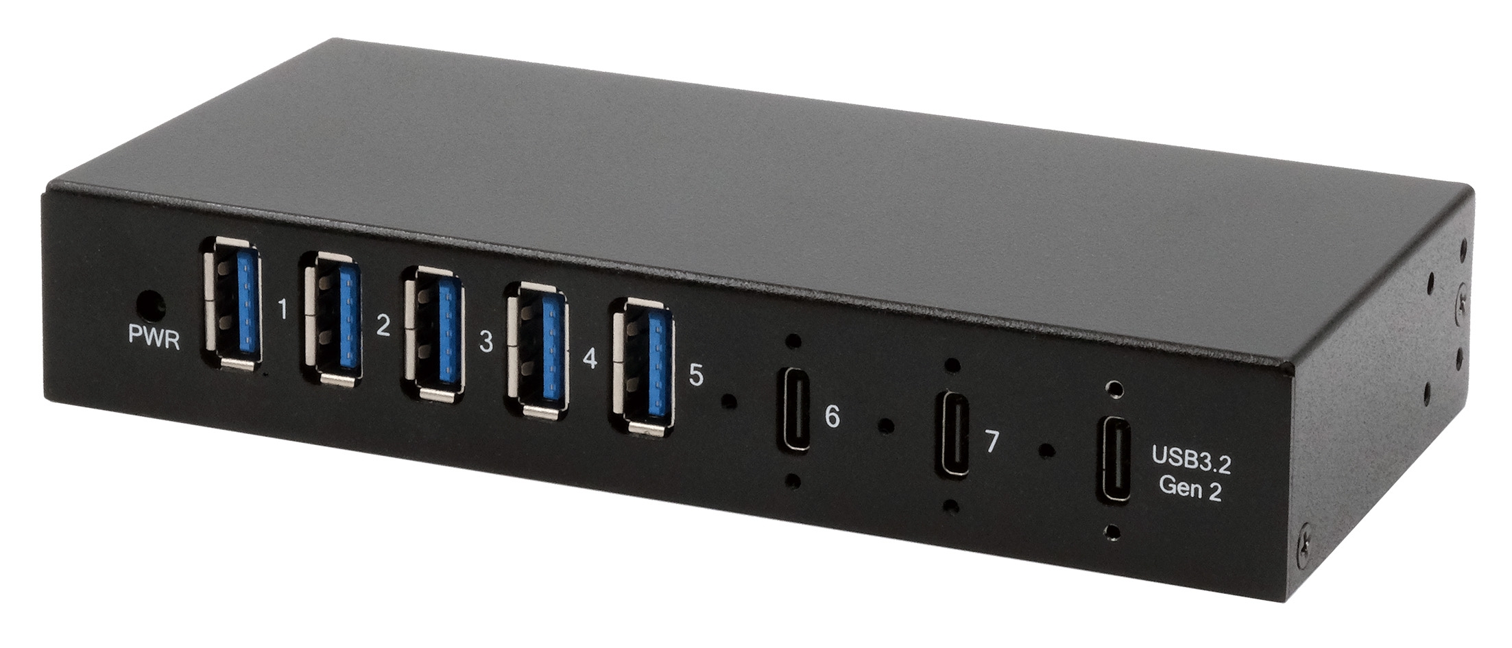 7 Port USB 3.2 Gen 2x1 Metall HUB mit 2x USB-C und 5x USB-A 3.2 Gen 1, für Tisch, Wand und DIN-Rail Montage 7 Port USB 3.2 Gen 2x1 Metall HUB mit 2x USB-C und 5x USB-A 3.2 Gen 1, für Tisch, Wand und DIN-Rail Montage