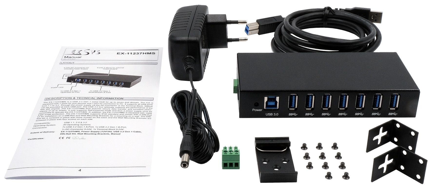 7-Ports USB 3.2 Gen 1 Metal HUB for Table, Wall and DIN-Rail, 15KV ESD ...